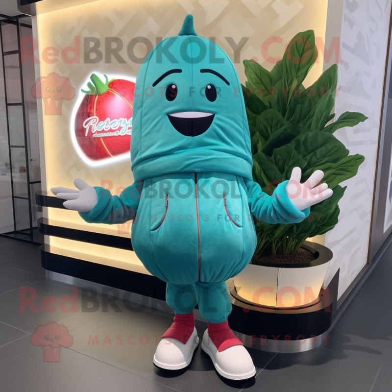 Teal Radish mascot costume character dressed with a Bomber Jacket and Foot pads Teal Radish mascot costume character dressed with a Bomber Jacket and Foot pads