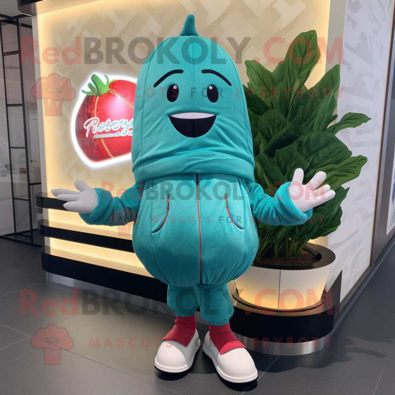 Teal Radish mascot costume character dressed with a Bomber Jacket and Foot pads