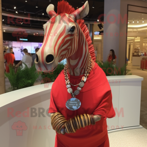 Red Quagga mascot costume character dressed with a Graphic Tee and Necklaces