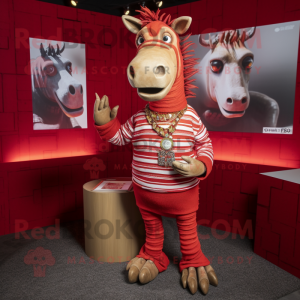 Red Quagga mascot costume character dressed with a Graphic Tee and Necklaces