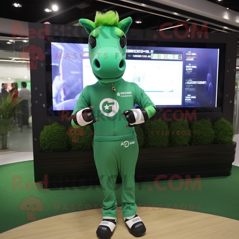 Green Horse mascot costume character dressed with a Bodysuit and Digital watches Green Horse mascot costume character dressed with a Bodysuit and Digital watches