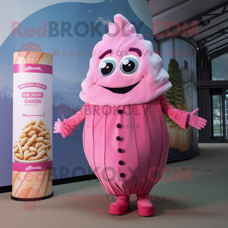 Pink Fish And Chips mascot costume character dressed with a Empire Waist Dress and Foot pads