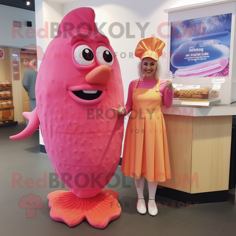 Pink Fish And Chips mascot costume character dressed with a Empire Waist Dress and Foot pads