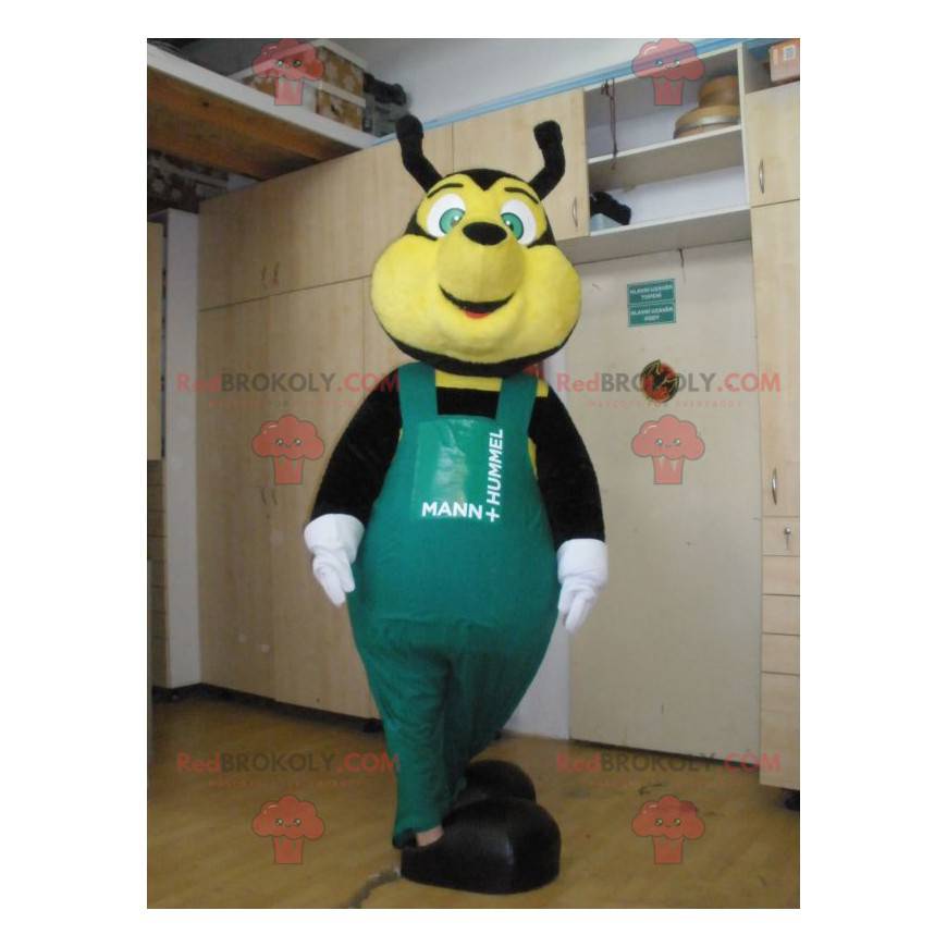Mascote abelha preta e amarela com macacão verde -