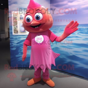 Pink Fish And Chips mascot costume character dressed with a Empire Waist Dress and Foot pads