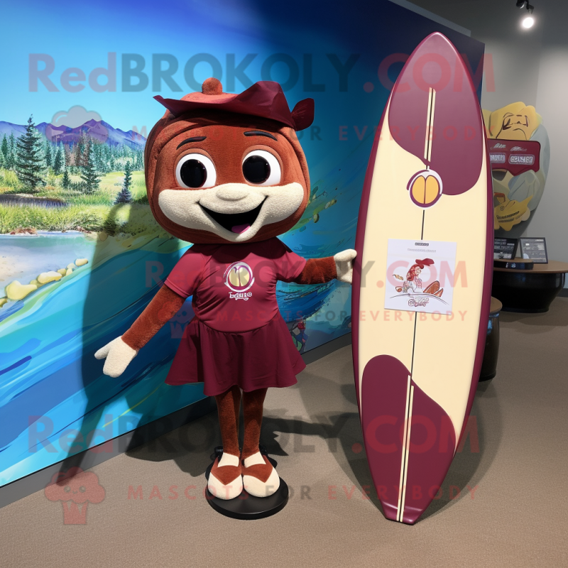 Maroon Surfboard mascot costume character dressed with a Wrap Skirt and Handbags Maroon Surfboard mascot costume character dressed with a Wrap Skirt and Handbags
