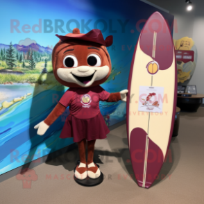Maroon Surfboard mascot costume character dressed with a Wrap Skirt and Handbags