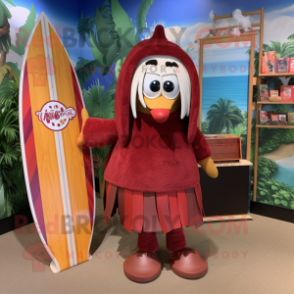 Maroon Surfboard mascot costume character dressed with a Wrap Skirt and Handbags