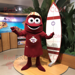 Maroon Surfboard mascot costume character dressed with a Wrap Skirt and Handbags