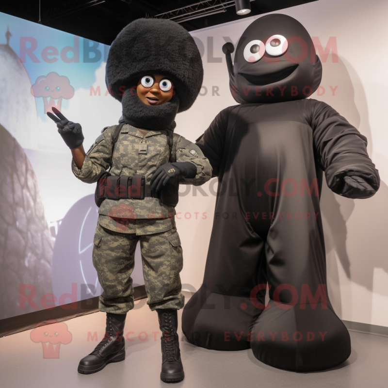 Black Soldier mascot costume character dressed with a Maxi Skirt and Watches