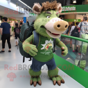 Green Wild Boar mascot costume character dressed with a Denim Shorts and Backpacks