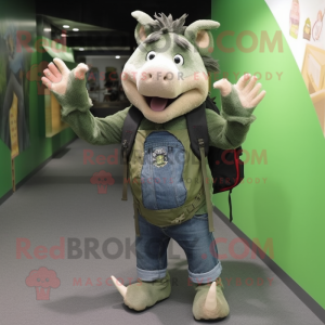 Green Wild Boar mascot costume character dressed with a Denim Shorts and Backpacks