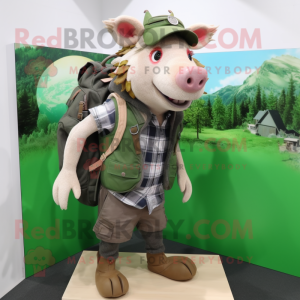 Green Wild Boar mascot costume character dressed with a Denim Shorts and Backpacks