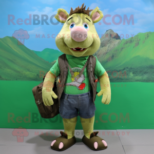 Green Wild Boar mascot costume character dressed with a Denim Shorts and Backpacks