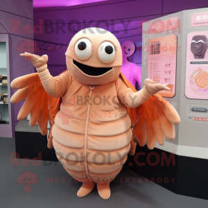 Peach Trilobite mascot costume character dressed with a Jumpsuit and Shawls
