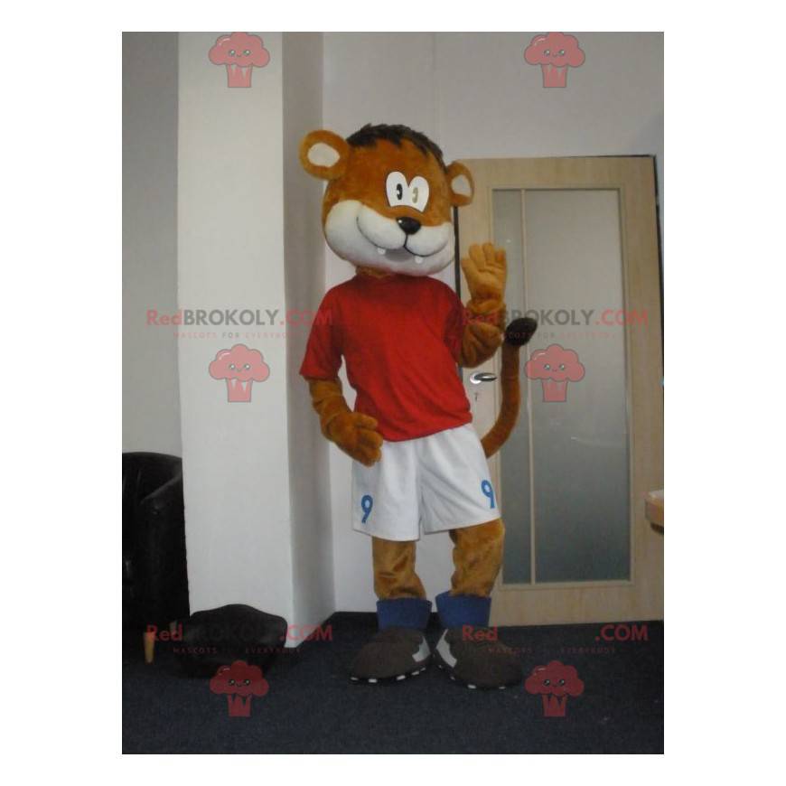 Mascote tigre laranja e branco em roupas esportivas -