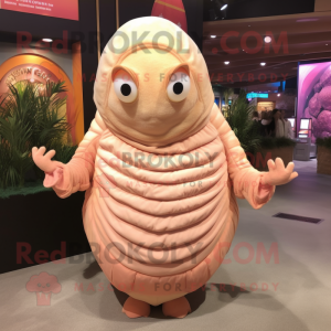 Peach Trilobite mascot costume character dressed with a Jumpsuit and Shawls