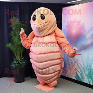 Peach Trilobite mascot costume character dressed with a Jumpsuit and Shawls