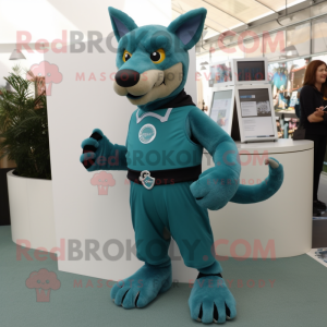 Teal Dingo mascot costume character dressed with a Tank Top and Foot pads