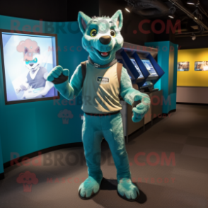 Teal Dingo mascot costume character dressed with a Tank Top and Foot pads