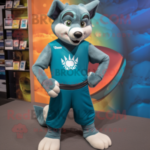 Teal Dingo mascot costume character dressed with a Tank Top and Foot pads