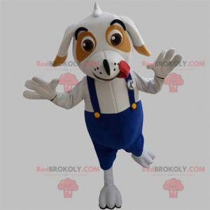 Mascote cachorro branco e marrom com macacão - Redbrokoly.com