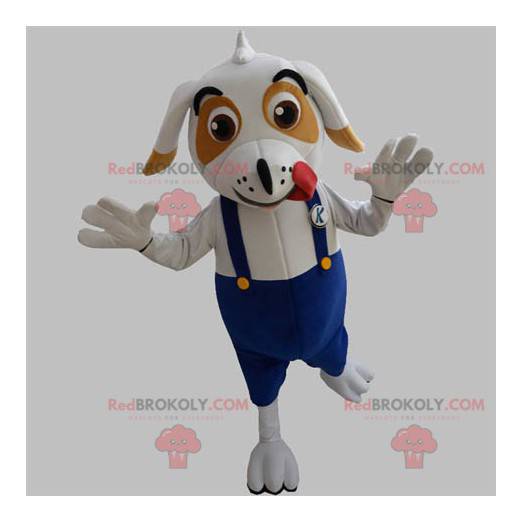 Mascote cachorro branco e marrom com macacão - Redbrokoly.com