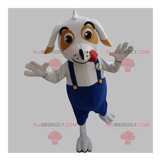 White and brown dog mascot with overalls - Redbrokoly.com