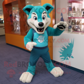 Teal Dingo mascot costume character dressed with a Tank Top and Foot pads