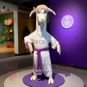 Lavender Boer Goat mascot costume character dressed with a Yoga Pants and Shawl pins