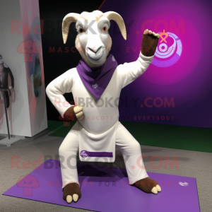 Lavender Boer Goat mascot costume character dressed with a Yoga Pants and Shawl pins