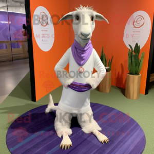 Lavender Boer Goat mascot costume character dressed with a Yoga Pants and Shawl pins