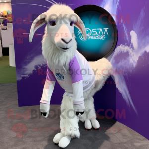 Lavender Boer Goat mascot costume character dressed with a Yoga Pants and Shawl pins