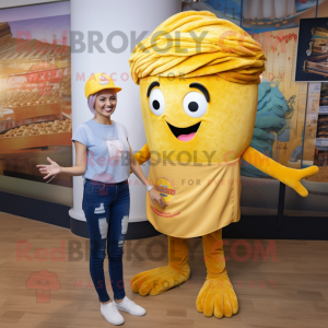 Gold Paella mascot costume character dressed with a Mom Jeans and Headbands