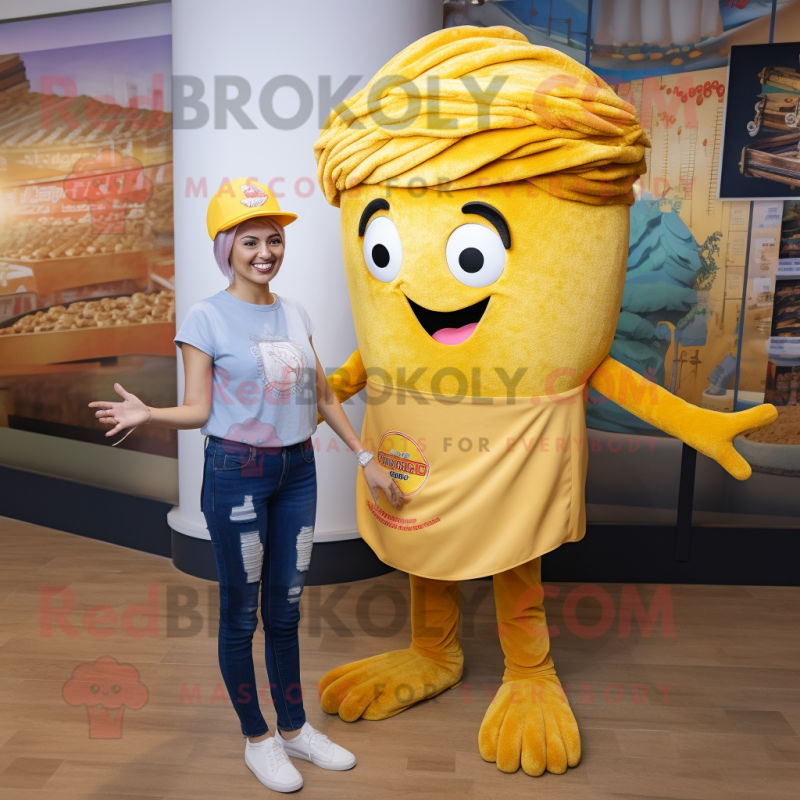 Gold Paella mascot costume character dressed with a Mom Jeans and Headbands Gold Paella mascot costume character dressed with a Mom Jeans and Headbands