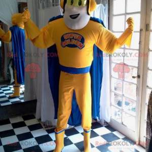 Mascote do super-herói em roupa amarela e azul - Redbrokoly.com