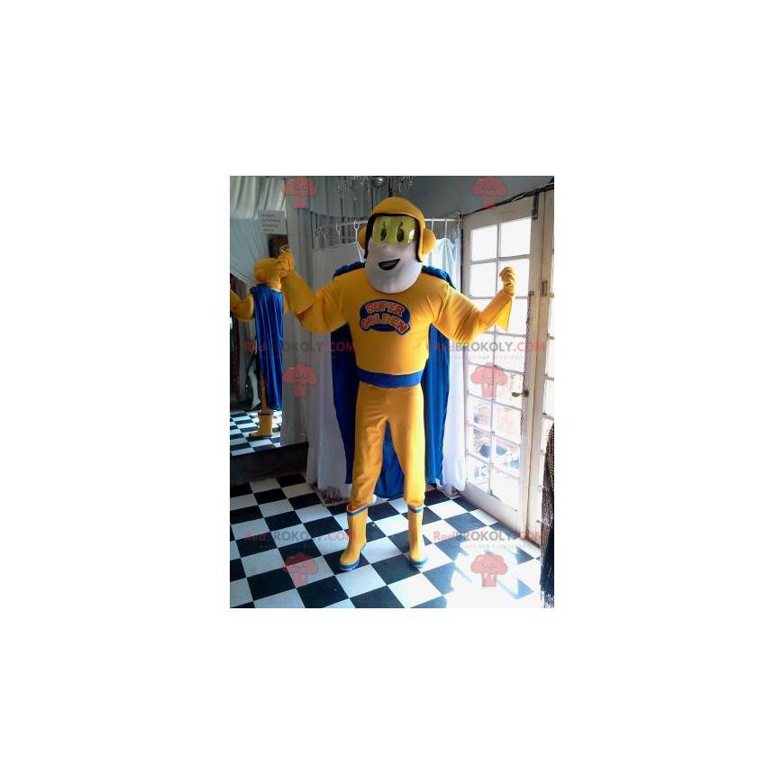 Mascote do super-herói em roupa amarela e azul - Redbrokoly.com