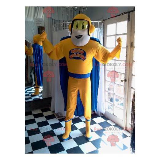 Mascote do super-herói em roupa amarela e azul - Redbrokoly.com