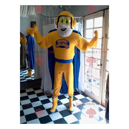 Maskotka superbohatera w żółtym i niebieskim stroju -