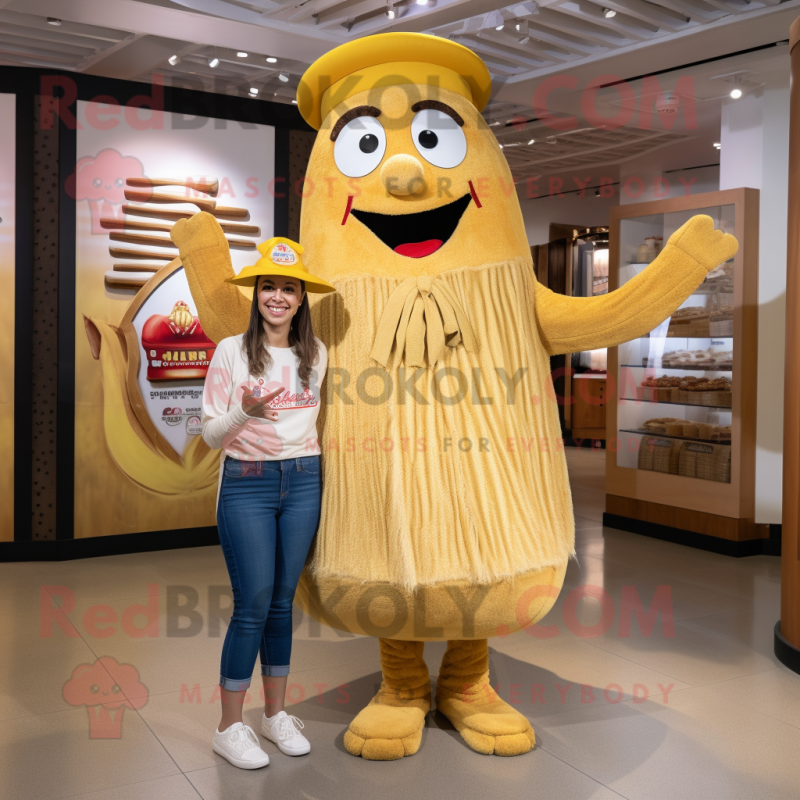 Gold Paella mascot costume character dressed with a Mom Jeans and Headbands