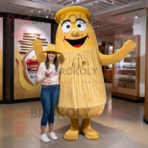 Gold Paella mascot costume character dressed with a Mom Jeans and Headbands