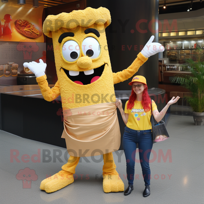 Gold Paella mascot costume character dressed with a Mom Jeans and Headbands Gold Paella mascot costume character dressed with a Mom Jeans and Headbands
