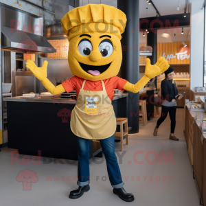 Gold Paella mascot costume character dressed with a Mom Jeans and Headbands