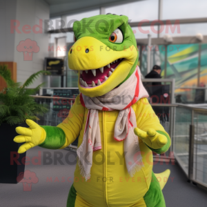 Lime Green Spinosaurus mascot costume character dressed with a Jacket and Scarves