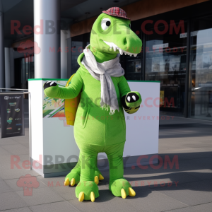 Lime Green Spinosaurus mascot costume character dressed with a Jacket and Scarves