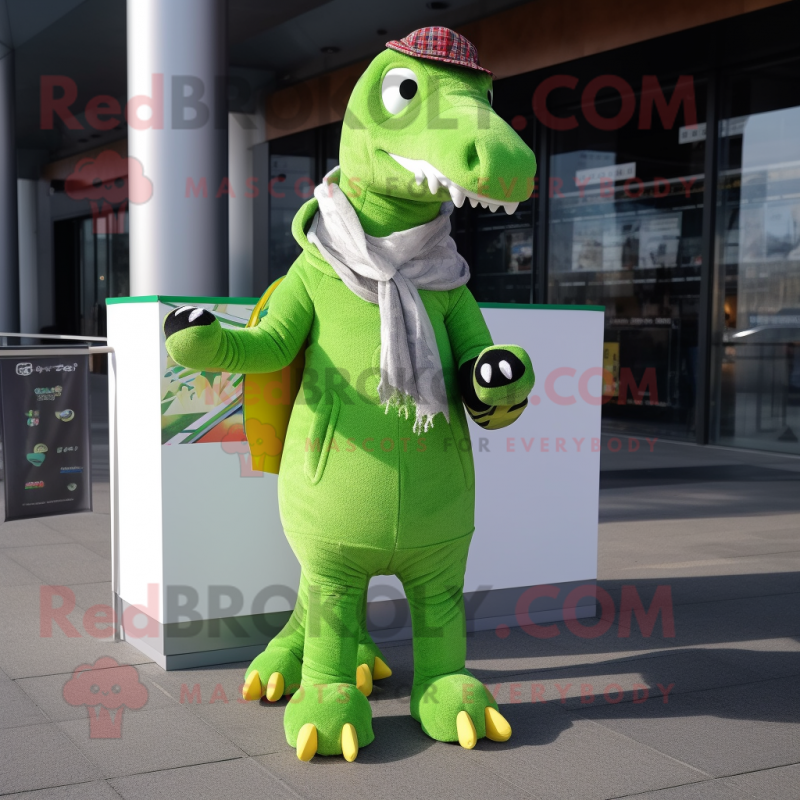 Lime Green Spinosaurus mascot costume character dressed with a Jacket and Scarves Lime Green Spinosaurus mascot costume character dressed with a Jacket and Scarves