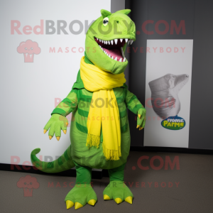 Lime Green Spinosaurus mascot costume character dressed with a Jacket and Scarves