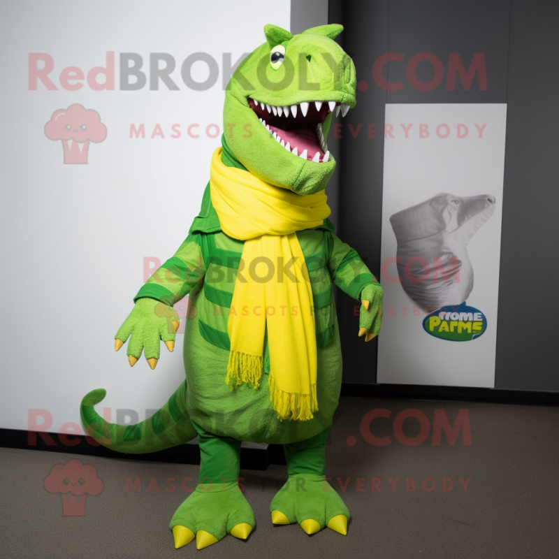 Lime Green Spinosaurus mascot costume character dressed with a Jacket and Scarves Lime Green Spinosaurus mascot costume character dressed with a Jacket and Scarves