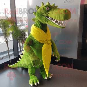Lime Green Spinosaurus mascot costume character dressed with a Jacket and Scarves