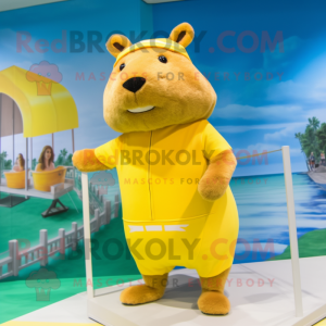 Lemon Yellow Capybara mascot costume character dressed with a Swimwear and Mittens
